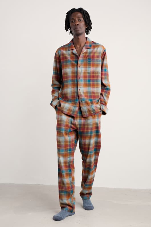 män netter kontrolleras flanell pyjamas set